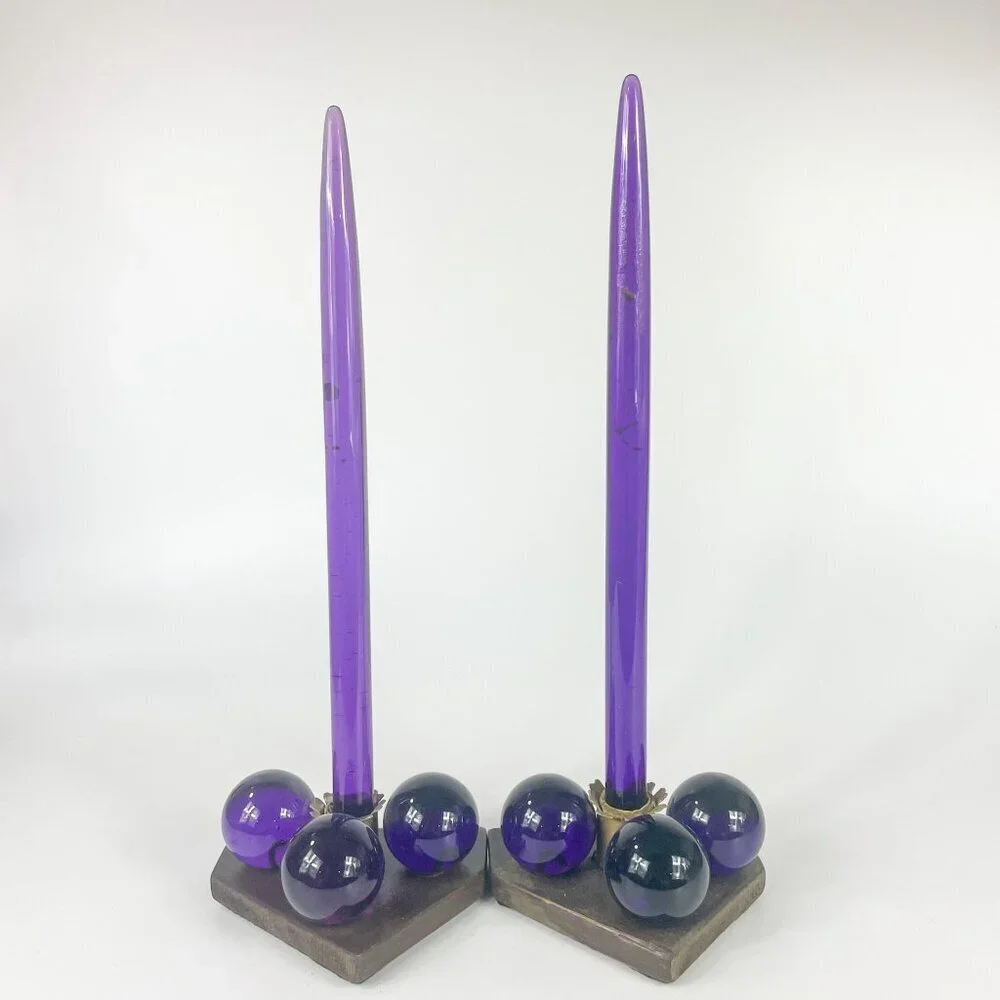 Purple Lucite Large Grapes On Burl Wood Candleholders Candles Console Set